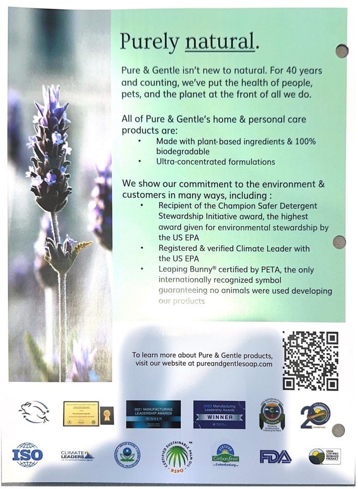 A flyer showcasing complimentary soaps labeled as "purely natural.
