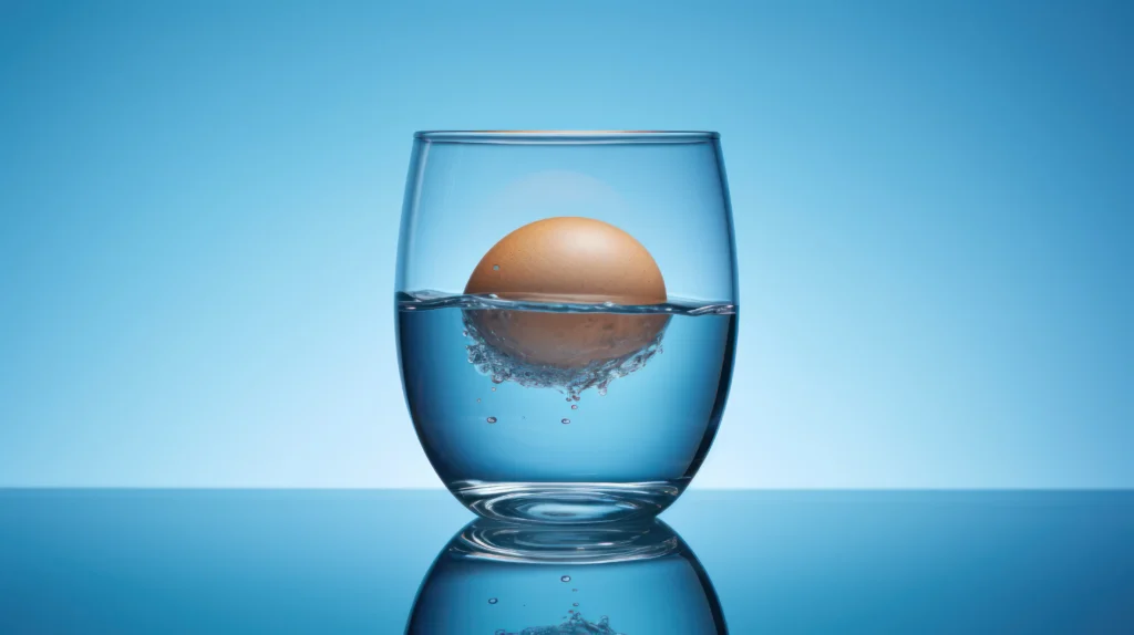 A brown egg floats in a clear glass of water against a blue background, with bubbles visible around the egg—a scene reminiscent of testing for rotten eggs smell in water or the common Florida sulfur smell issue.